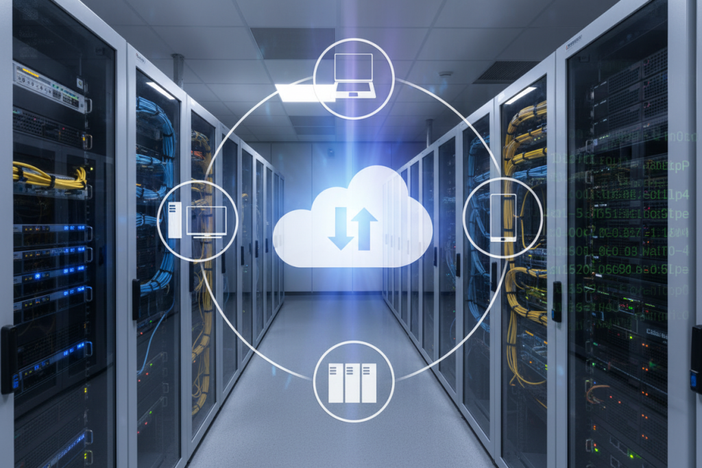 Cloud storage diagram overlaid on a data center aisle