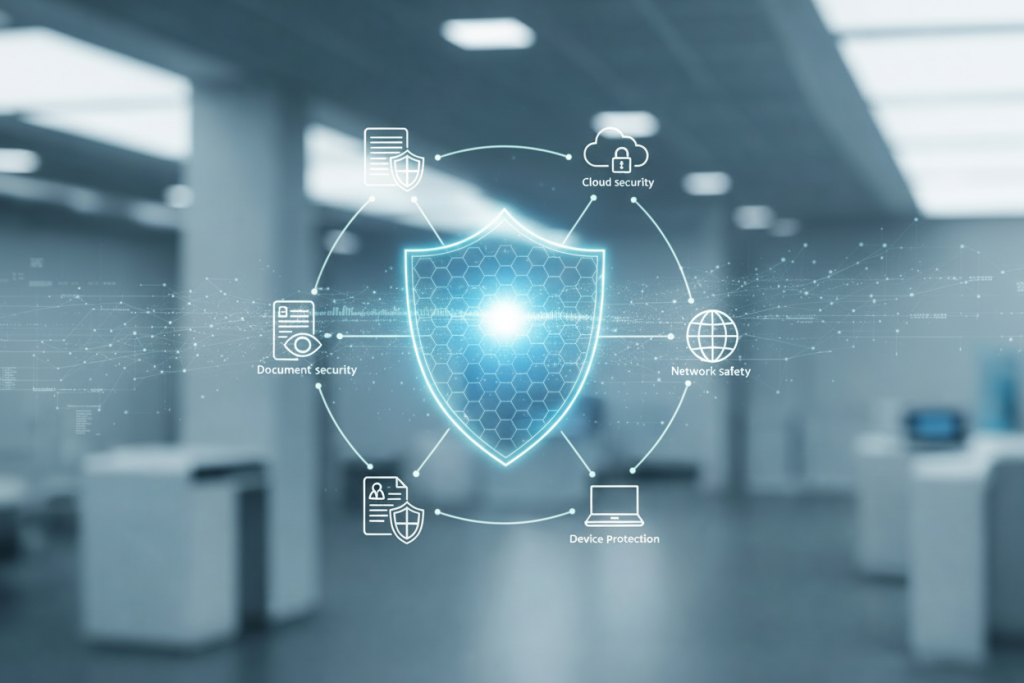 Digital security shield over a server room, representing layered network protection