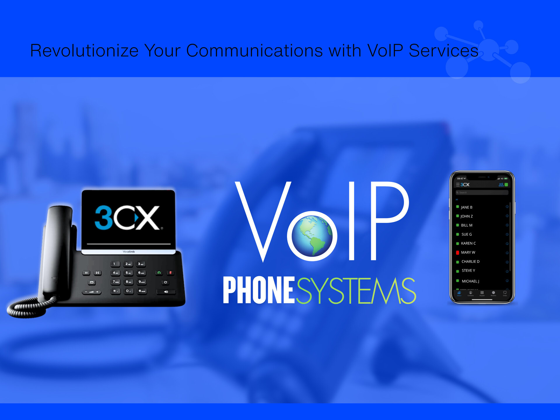 3CX VoIP phone system graphic with a desk phone and mobile app